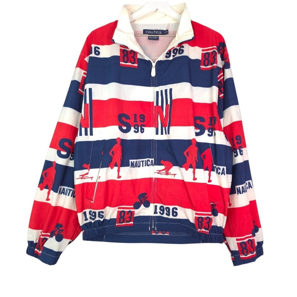 Nautica Competition Windbreaker Men Large Striped Vintage 90s All Over Graphic